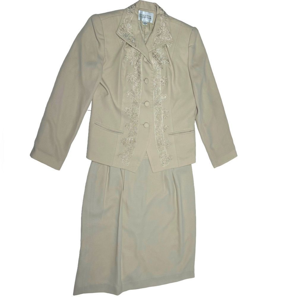 Vintage Executive Collection Tan Nude Skirt Suit Set Matching Blazer Formal